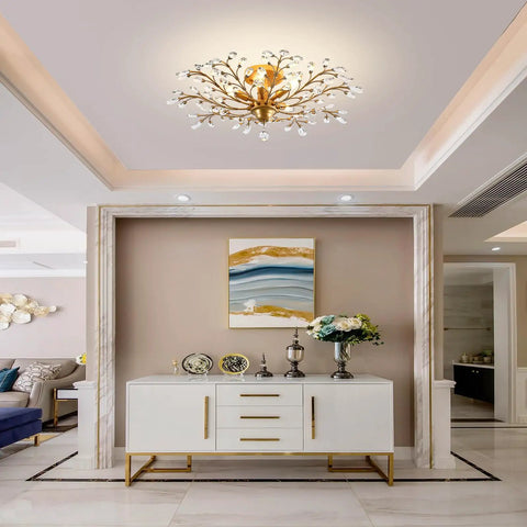 Crystal Chandeliers With Vintage K9 Clear Crystals, Edison Pendant Light in gold finish in a modern living room.