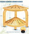 Corner view of upgraded bamboo shower bench with dimensions and anti-slip bottom, 2-Tier Bamboo Shower Bench For Inside Shower No-Slip Legs 16 Inch Waterproof Bathroom Stool With Storage Shelf Sturdy Safe Seating For Seniors Adults Disabled Women Easy To Clean And Durable