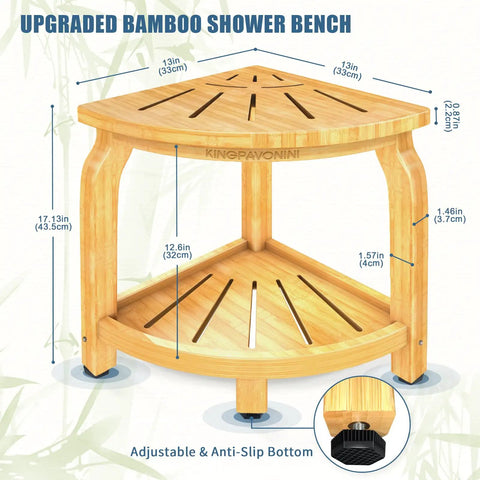 Corner view of upgraded bamboo shower bench with dimensions and anti-slip bottom, 2-Tier Bamboo Shower Bench For Inside Shower No-Slip Legs 16 Inch Waterproof Bathroom Stool With Storage Shelf Sturdy Safe Seating For Seniors Adults Disabled Women Easy To Clean And Durable