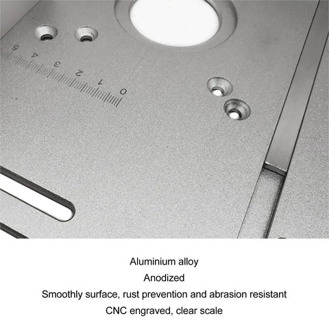 Close-up of Top Shelf Aluminum Router Table Insert Plate featuring Precision Accuracy Scale, aluminum alloy with CNC engraving.