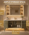 Slick Modern Freestanding Bathroom Vanity In Muted Sage With Frosted Led Mirror Cabinet And Warm Gold Trim Delivering Plenty Of Storage For A Total Bathroom Glow Up featuring ample storage space and open shelves.