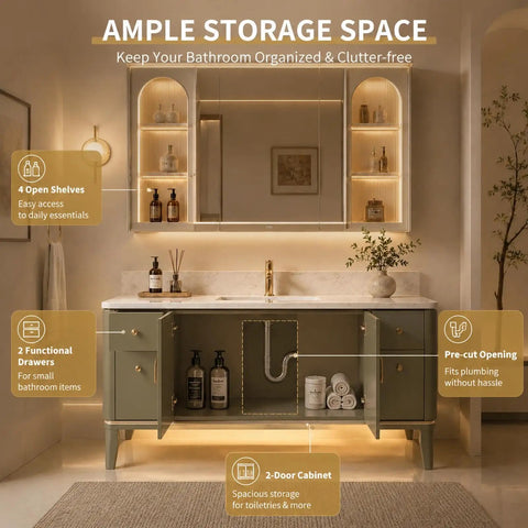 Slick Modern Freestanding Bathroom Vanity In Muted Sage With Frosted Led Mirror Cabinet And Warm Gold Trim Delivering Plenty Of Storage For A Total Bathroom Glow Up featuring ample storage space and open shelves.