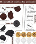 Details of barista towel, tamper mat, latte art pen, and stencils from 51mm Coffee Tamper Set for Portafilter Espresso Machines