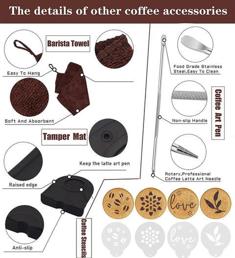 Details of barista towel, tamper mat, latte art pen, and stencils from 51mm Coffee Tamper Set for Portafilter Espresso Machines