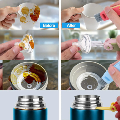 3 In 1 Cup Lid Gap Cleaning Brush Set For Water Bottles And Tumblers, Gunk Busting Crevice Cleaner comparing before and after clean