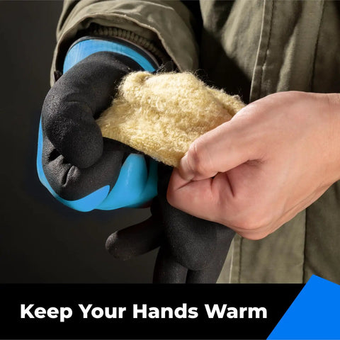 Three Pairs 100 Percent Waterproof Winter Work Gloves For Men With Touchscreen Compatible Fingertips holding insulation material
