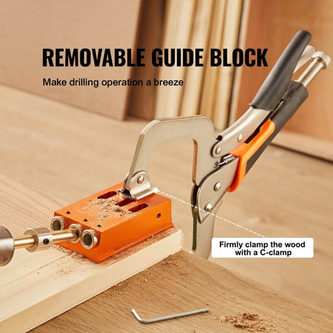 Pocket Hole Jig Kit Set With 34 Pieces For DIY Woodworking Projects 11 Inch C Clamp Fixture in use on wooden board