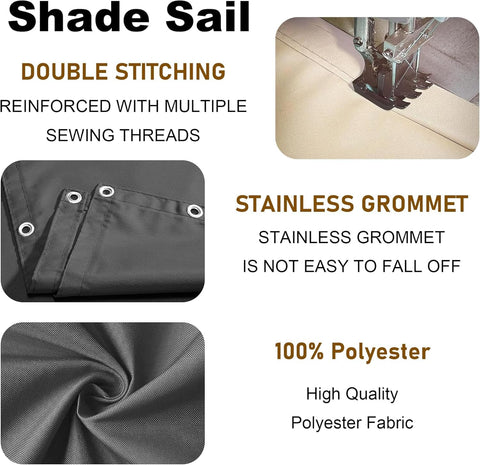 Heavy Duty Shade Sail 11x14 Ft 220 GSM Polyester Waterproof Outdoor Canopy Cover UV Block Up To 98 Percent And Keeps It Cool With 90 Percent Shade For Patio Garden Backyard Deck Pergola Dark Gray, featuring double stitching, stainless grommets, and high-quality polyester fabric.