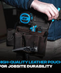 Person using Oil Tanned Leather Drywall Tool Pouch With Hammer Loop And Double Stitching, 12 Pockets For Hammers, Screwdrivers, Saws And More