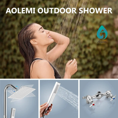 Wall Mount Outdoor Shower Kit With Handheld Spray, Double Handle Exposed Shower Valve, Polished Chrome Finish in use