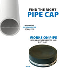 Diagram showing 6 Inch PVC Pipe Cap Qwik Cap for Plumbing, fits OD 6.35-6.80 inches, with elastomeric material and leak-free design.