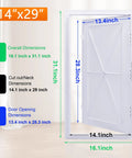 Real Deal Plastic Drywall Access Panel 14 X 29 Inch showing dimensions for ceiling and HVAC use, including cut out and door opening sizes.