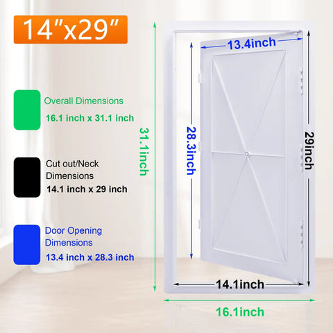 Real Deal Plastic Drywall Access Panel 14 X 29 Inch showing dimensions for ceiling and HVAC use, including cut out and door opening sizes.