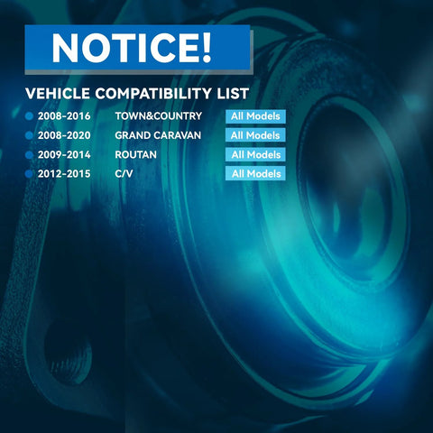 Close-up of vehicle compatibility notice for 2 Front Wheel Bearing Hubs Replacement For Chrysler Town And Country 2008 Through 2016.