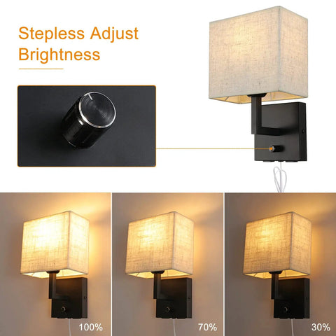 Black modern wall lamp with dimmer and USB ports, linen shade, Dope Bedside Wall Mount Light With Dimmer Switch And Two USB Ports.