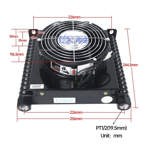Heavy Duty Hydraulic Radiator Oil Cooler With Air Cooling Plate And Pin Heat Exchanger For Industrial Systems, 1.35kW Cooling Capacity, top view with dimensions