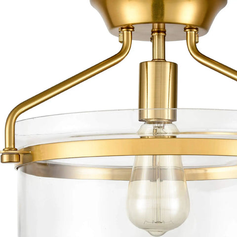 Mid Century Gold Ceiling Light With Clear Dome Glass Shade 13.4 Inch Wide Semi Flush Mount Fixture detail view