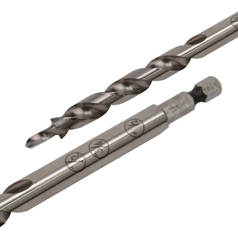 Close-up of Pro Grade Pocket Hole Drill Bit for Accurate Pocket Hole Joinery with marks for 1/2, 3/4, 1-1/2 inch wood Kreg compatible.