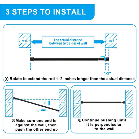 Installation steps for No Sectional Assembly Tension Curtain Rod 56 To 104 Inches 1 Inch Diameter Adjustable Shower Rod