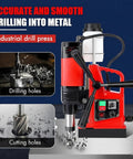 Powerful Magnetic Drill Press Kit With 1400W Corded Motor, 2 Inch Boring Diameter, 810 RPM, 6 Cutters, Safety Gear And Case For Steel And Iron Work , Heavy Duty Gear For Precise Drilling Like a Pro showcasing a drill press in action.