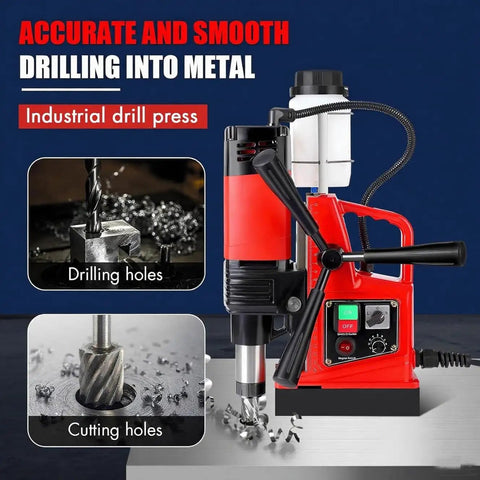 Powerful Magnetic Drill Press Kit With 1400W Corded Motor, 2 Inch Boring Diameter, 810 RPM, 6 Cutters, Safety Gear And Case For Steel And Iron Work , Heavy Duty Gear For Precise Drilling Like a Pro showcasing a drill press in action.