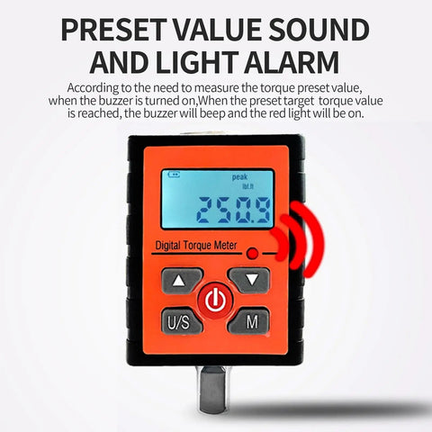 Digital Torque Adapter Half Inch Drive Includes Adapters From Half To Three Eighths And Quarter Inch, 8 To 250.9 ft-lb Range, Alarm Settings, Preset Torque Meter Tester For Auto Repair And DIY Garage Pro Tools. preset torque meter with sound and light alarm