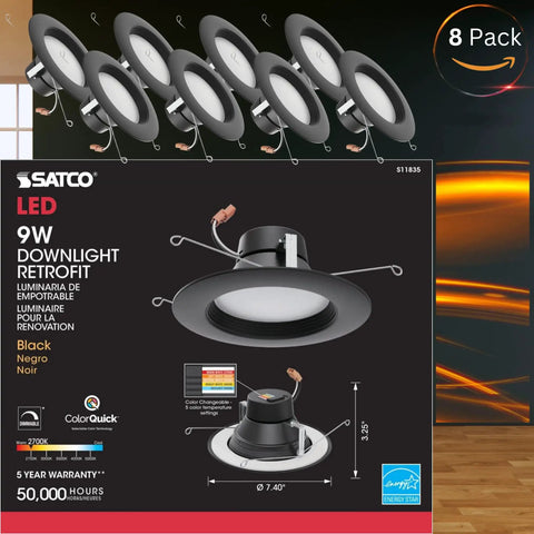 8-Pack Color-Selectable LED Downlight Retrofits For 5-6 Inch Recessed Can Lighting, 9W, 120V, Dimmable, Black Finish