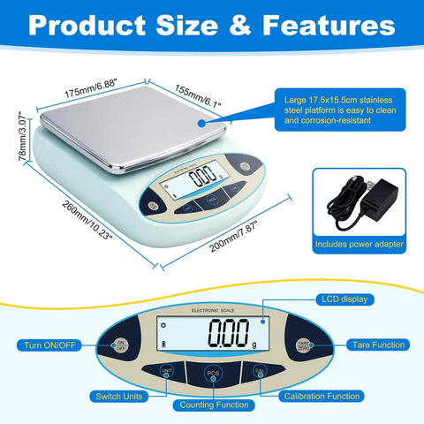 Pro Grade 5000g Digital Analytical Scale with 0.01g Precision and Backlit LCD Display Auto Calibration with stainless platform