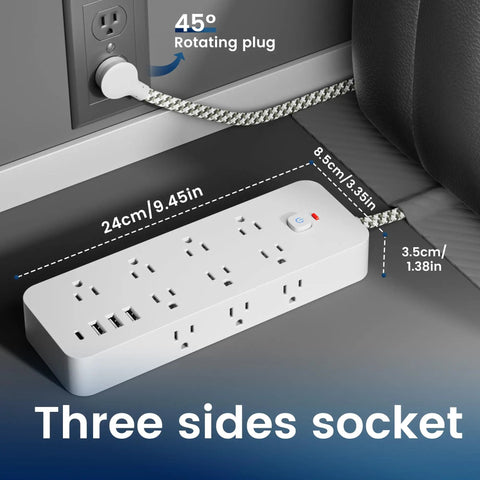 4Ft Power Strip With 14 Ac Outlets And Dual Fast Charge Usb Ports, Flat Plug Extension Cord With Reinforced Braided Cable, Works Like A Charm, Zero Hassle Layout For Modern Households, showing 45° rotating plug and dimensions.