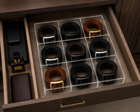 Keep Your Gear Legit With This Stackable Acrylic Belt Organizer featuring nine roomy compartments for belts in a drawer.