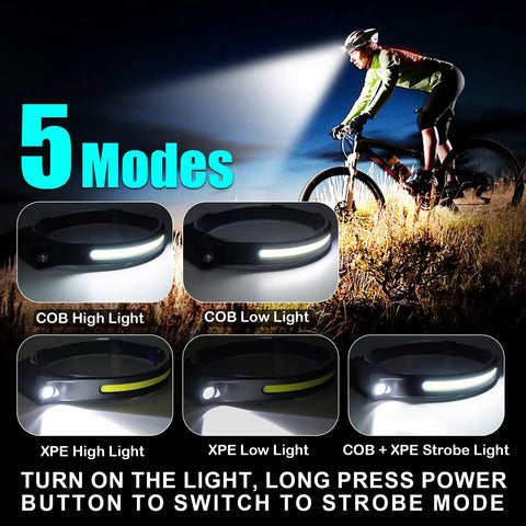 Cyclist using Three Pack Rechargeable LED Headlamps With 230 Degree Wide Beam, Side Spotlight, Bright Sensor, COB And XPE Beam Lights