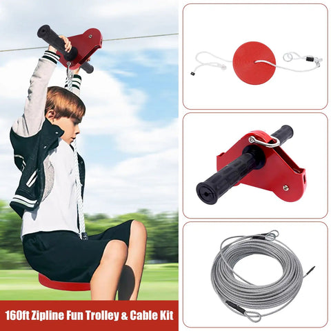 160Ft Backyard Zipline Kit For Kids Outdoor Playset With Stainless Steel Spring Brake, Seat, Trolley, Gloves, Mats