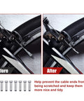 Universal Bike Brake And Derailleur Cable Kit with Shifter Cable Housing showing before and after on bike wheel