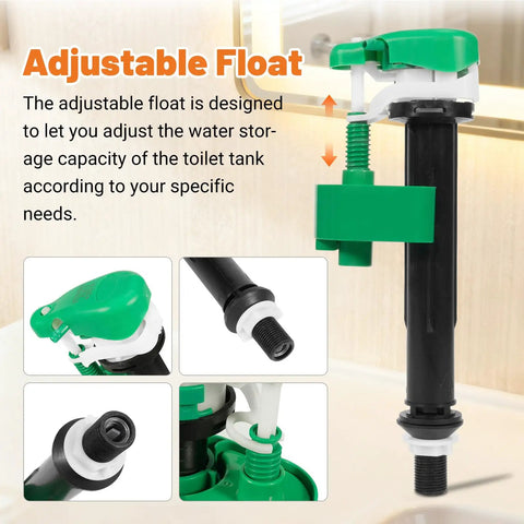 All In One 3 Inch Flush Valve Repair Kit For Most One Piece Toilets With Universal Fit Includes Drain Valve G One Half Inch Adjustable Fill Valve Flush Handle Lever And Gasket showing adjustable float feature.
