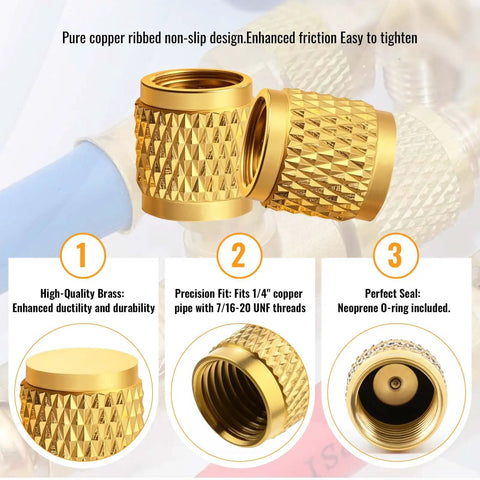 10 Pack 1/4 Inch SAE Brass HVAC Service Port Caps With 7/16-20 Thread, Heavy Duty Flare Cap With Rubber Seal For R22 R12 AC Systems, Ideal For Manifold Gauge Hoses And Valve Core Removal Tools, Durable Gold Finish brass cap with ribbed grip and O-ring seal