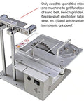 Portable Mini Belt Polisher And 4 In 1 Bench Grinder For Cutting Grinding Polishing And Drilling With Adjustable Angle Ruler 51 Premium Grinding Heads Speed 5000 To 10000 RPM showing top view of compact machine with saw, adjustable ruler, and base.