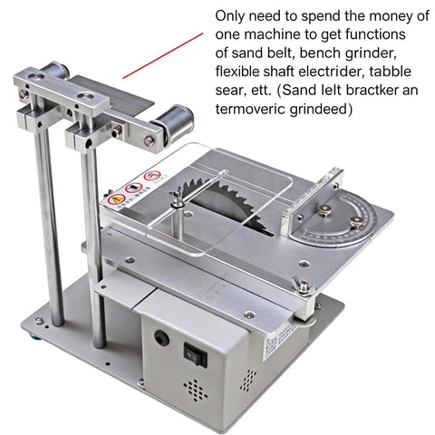 Portable Mini Belt Polisher And 4 In 1 Bench Grinder For Cutting Grinding Polishing And Drilling With Adjustable Angle Ruler 51 Premium Grinding Heads Speed 5000 To 10000 RPM showing top view of compact machine with saw, adjustable ruler, and base.
