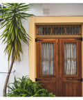Wooden door with decorative ironwork hinges, similar to Six Inch T Shape Beefy Rustproof Iron Light Duty Shed Hinge Set for DIY gates