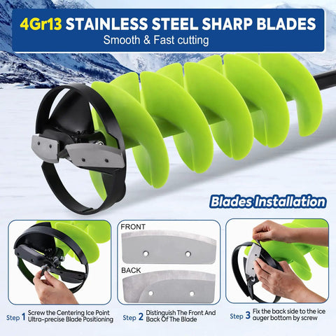 4Gr13 stainless steel blades on 7 Inch Nylon Ice Drill Auger With 41 Inch Length And 19.6 Inch Extension Rod, ice spoon included.