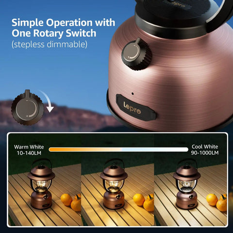 Rechargeable Vintage LED Camping Lantern With 15000mAh Battery, 1000 Lumen Output, Stepless Dimming dial and lighting effect