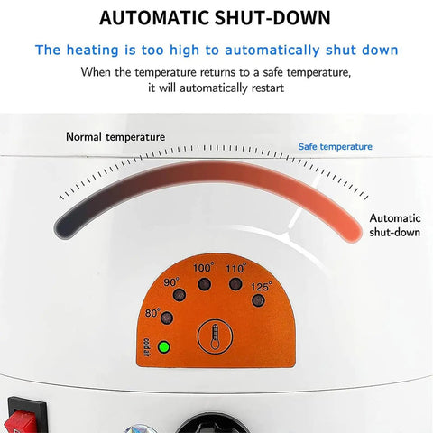 Real Deal Eyeglass Frame Heater With 70 To 130 Fahrenheit Hot Air Glass Warmer control panel showing temperature settings and automatic shut-down feature.