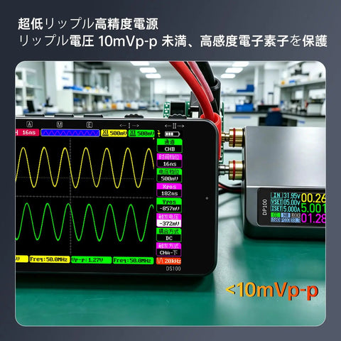 DP100 Pocket DC Power Supply 30V 5A Variable Bench Regulator With Digit Display Tiny But Mighty Portable Lab Power Source 100W USB C PD QC 3.0 Ready Wide 5 to 32V Input On The Go showing <10mVp-p ripple on test screen