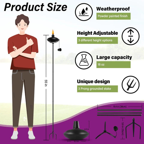 55 Inch Adjustable Outdoor Garden Torch Set With 3 Prong Grounded Stake For Patio Pathway And Party Lighting Citronella Oil