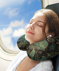 Woman using A Puff In Time Weed Marijuana Travel Pillow U Shape Memory Foam Neck Support on airplane for fatigue relief.