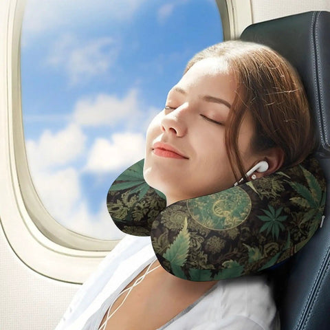 Woman using A Puff In Time Weed Marijuana Travel Pillow U Shape Memory Foam Neck Support on airplane for fatigue relief.