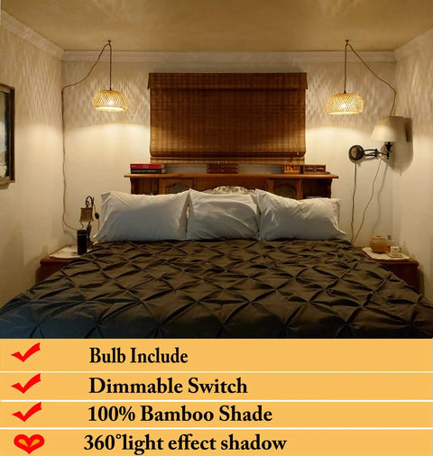 Bedroom scene with two Plug In Pendant Lights With Rattan Woven Lampshade And Hemp Rope Cord, Dimmable Switch, 14 Foot Hanging Lamp For Cozy Living Spaces, Bamboo Bowl Design With 360 Degree Light Effect, hanging over a bed with dim lighting.
