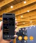 Person holding app showing settings for Lit Dimmer Enabled Outdoor String Lights 100Ft LED Patio With App Control.