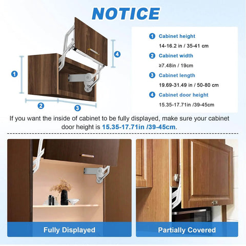 Hydraulic Lift Cabinet Door Hinge With Vertical Up Motion For 19.69 To 31.49 Inch Cabinets Soft Silent Close Adjustable 22lb Capacity Fits Doors 0.9 Inch Thick Sturdy Durable Build For Kitchen And Vanity YJINGRUI showing installation and dimensions, highlighting fully displayed and partially covered cabinet options.
