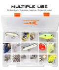 Open tackle box showing organized fishing lures and tackle using adjustable dividers in Durable Plastic Tackle Box Set