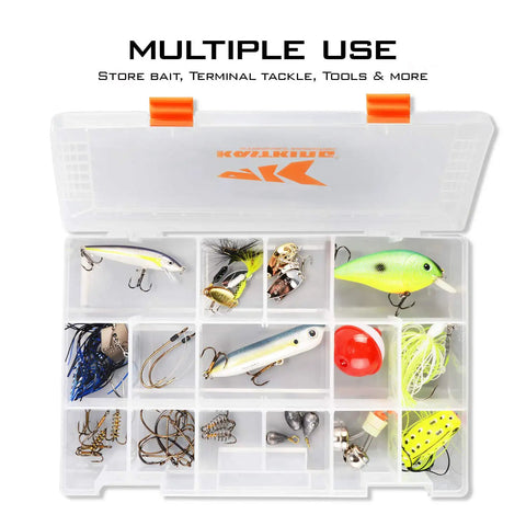 Open tackle box showing organized fishing lures and tackle using adjustable dividers in Durable Plastic Tackle Box Set